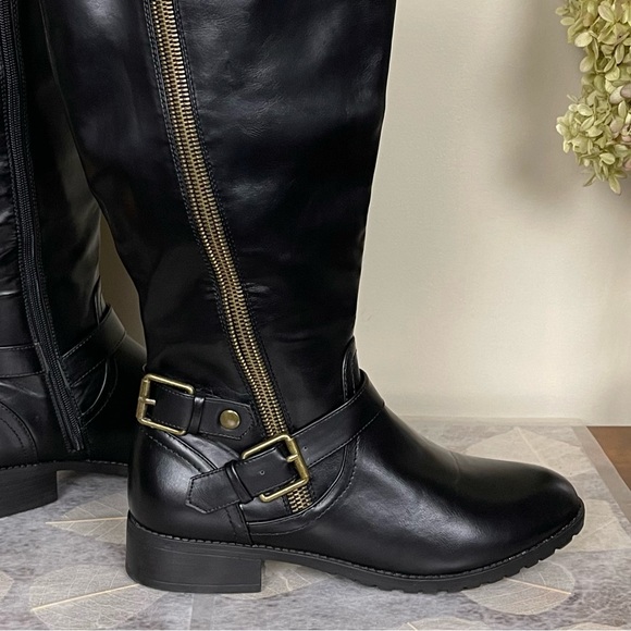 Charlotte Russe Corryn Edgy Wide-Calf Asymmetrical Gold Zipper Buckled Moto Boot - Picture 9 of 16